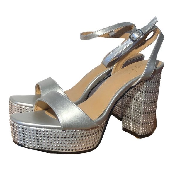 Nwt - Nicole Miller - Selmat Silver Multi Platform Block Heel Sandals - Size 8.5 - Picture 2 of 11